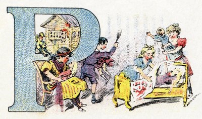 Letter P: Doll Polichinelle. Alphabet of Phosphatine Falieres. Engraving. Late 19th century by Unbekannt