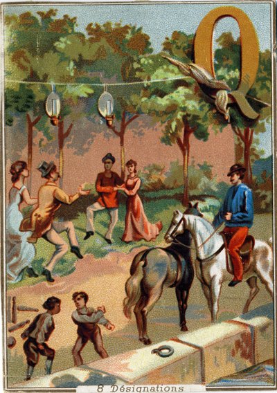 Letter Q: quadrille; quarrel; bowling; cattail; quinquets; four; wharf. Alphabet. Chromolithographs of Parisian Lithography, circa 1890 by Unbekannt