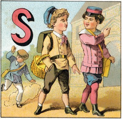 Letter S as School Leaving. Engraving in 