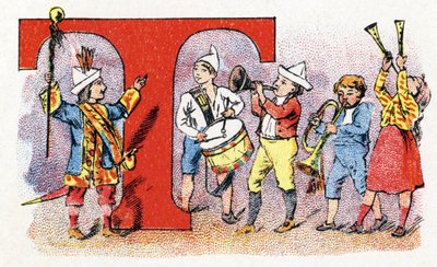 Letter T: Trumpet Drum. Alphabet of Phosphatine Falieres. Engraving. Brevete alphabet S.G.D.G. by pharmacist Pierre Emile Falieres. Illustrations in chromolithography, late 19th century. by Unbekannt