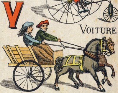 Letter V for car. Engraving in "ABC Toys". Epinal imaging in chromolithography, circa 1890 by Unbekannt