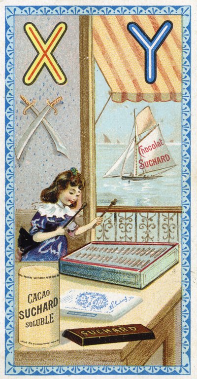 Letter X: xylophonist and Y: yatagan, yacht. Engraving of the Alphabet edited by Chocolat Suchard, beginning of the 20th century by Unbekannt
