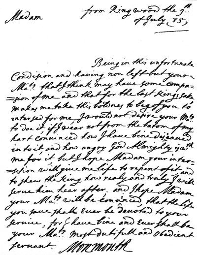 Letter begging for mercy, written by James, Duke of Monmouth after the failure of his rebellion and on the day after his capture, to the Dowager Queen Catherine of Braganza, 9 July by Unbekannt