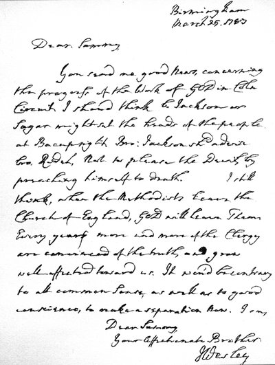 Letter from John Wesley to Samuel Bradburn, expressing his strong opinion that the Methodists should not leave the Church of England, written at Birmingham, 25 March by Unbekannt