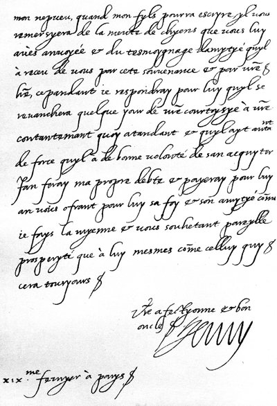Letter from King Henri IV of France to Henry, Prince of Wales, thanking him for a gift of a pack of hounds for his son, the Dauphin, who is too young to write in person, written at Paris by Unbekannt