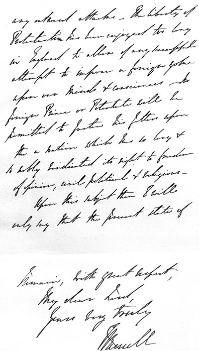 Letter from Prime Minister Lord John Russell to the Bishop of Durham, denouncing the aggression of the Pope by establishing Roman Catholic bishoprics in England, written at Downing Street, 4 November by Unbekannt
