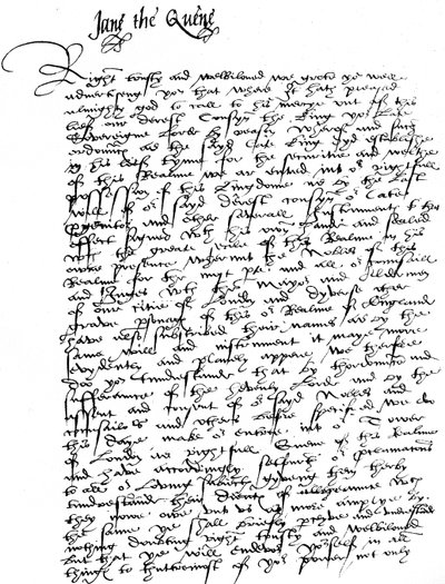 Letter signed by Lady Jane Grey, to William Parr, Marquess of Northampton, announcing her accession as Queen and requiring his allegiance and assistance against the Lady Mary by Unbekannt