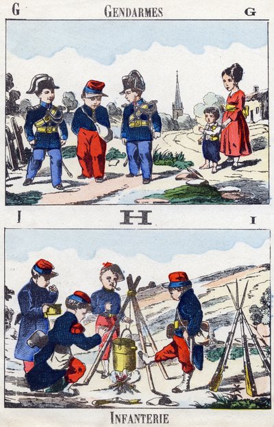 Letters G H I: Gendarmes and Infantry. Engraving in "Alphabet militaire enfantin". Imagery of Pont-a-Mousson, circa 1890 by Unbekannt