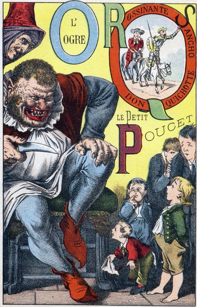 Letters: O P Q R S - The Ogre and the Peucet, Don Quixote, Rossinante and Sancho. Engraving in 