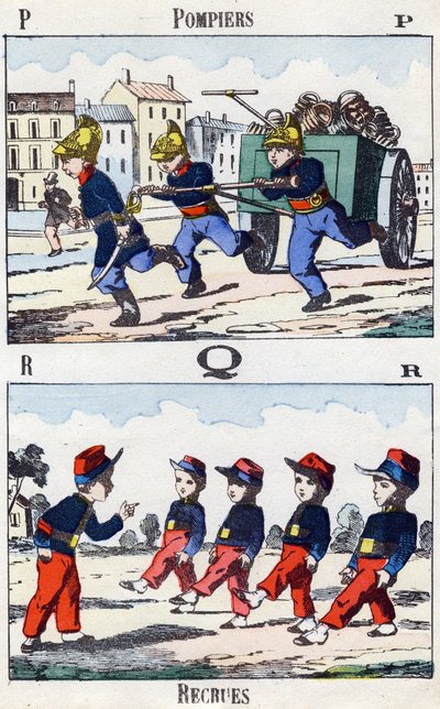 Letters P Q R: Firefighters and Recruits. Engraving in "Alphabet militaire enfantin". Imagery of Pont-a-Mousson, circa 1890. by Unbekannt