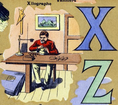 Letters X and Z as a xilograph. Engraver making woodcuts. Illustrated alphabet. Imageries reunited in Jarville-Nancy, beginning of the 20th century by Unbekannt