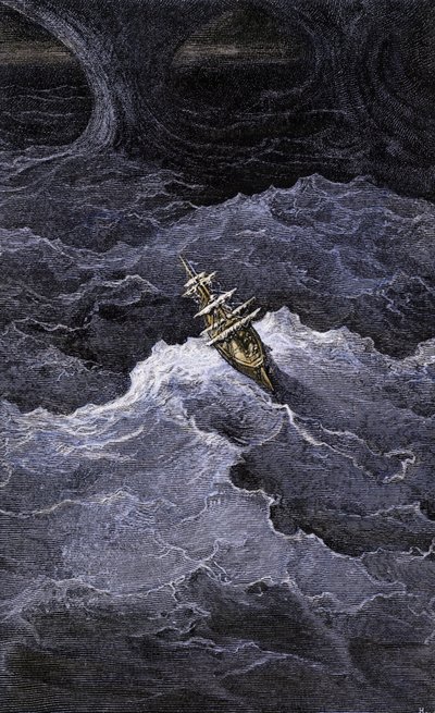 Boat in the middle of the sea. Illustration of the novel by Samuel Taylor Coleridge "Rime of the Ancient Mariner". Colour engraving after an illustration by Gustave Dore by Unbekannter Künstler