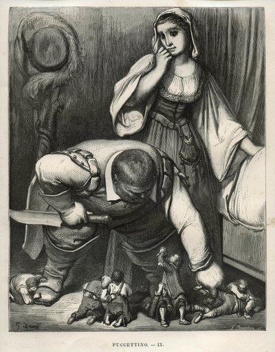 Little Poulet and his brothers begged the ogre not to kill them. Engraving by Gustave Dore from 