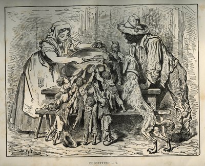 Little Poulet and his hungry brothers. Engraving by Gustave Dore from 