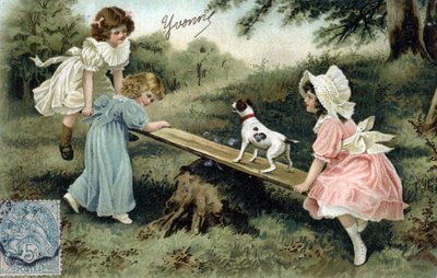 Little girls playing with a wooden board (swing or butt tape) by Unbekannt