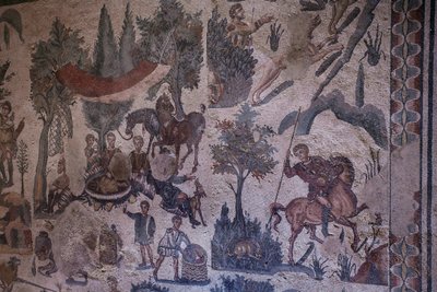 Little hunt hall. General view of the mosaic. 3rd - 4th century. Roman Villa of the Casale, Sicily. UNESCO site. by William M. Timlin