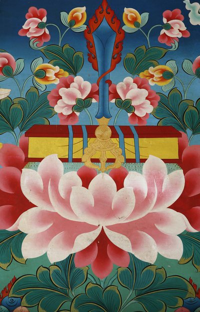 Lotus flower, sword of knowledge and sacred text, Kopan monastery, Kathmandu, Nepal by Unbekannt