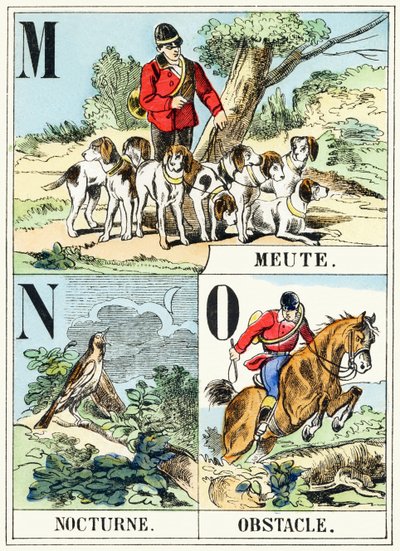 M N O: Pack, Nocturne, Obstacle - The Hunting Alphabet, c.1890 by Unbekannt