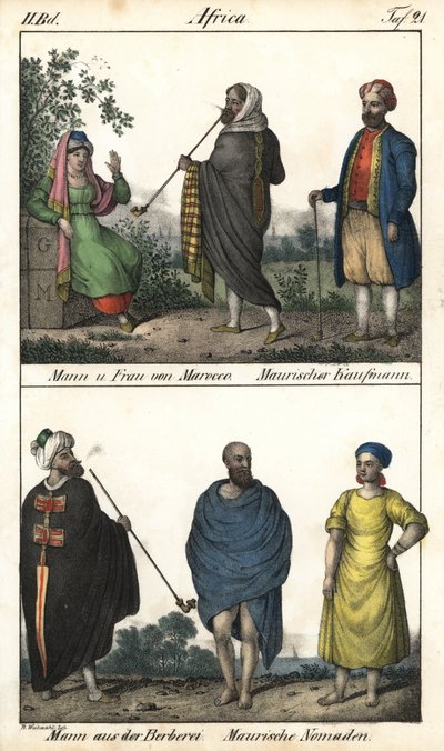 Man and woman of Morocco, a Moorish merchant, above, and a Couple of Moroccans, a merchant Moorish and below, a Berber man in a coat and a couple of Moorish nomads. Lithography for the book: “Galerie complete en tableaux fideles des peuples d