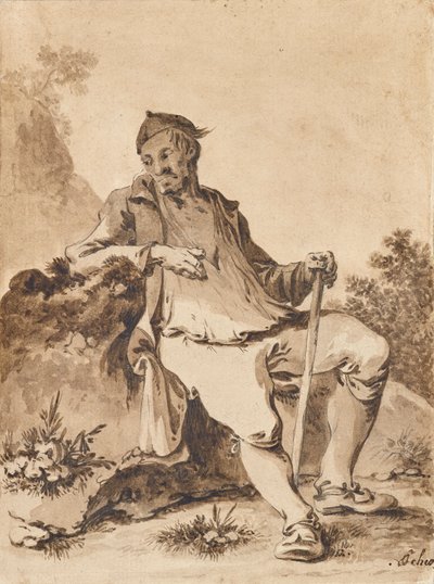 Man with Cap and Stick Resting on a Stone by Unbekannter Künstler