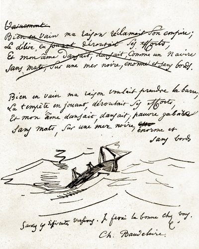 Manuscript by Charles Baudelaire, illustrated with a drawing of a boat by Unbekannter Künstler