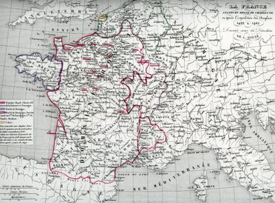 Map of France at the times of King Charles VII and after the expulsion of the English between 1422 and 1461 (Plate from Houze