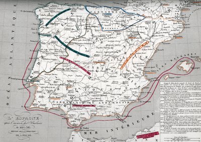 Map of Spain at the times of Germanic Hispania, 409-585 (Engraving from 