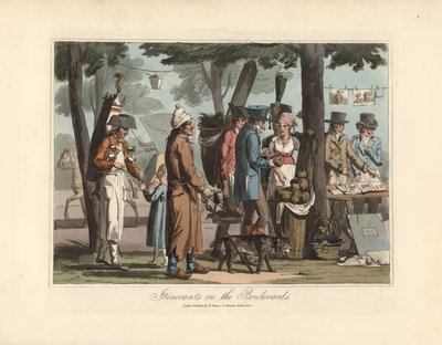 Merchants itinerant on the boulevards, a salesman of herbal tea with his barrel on his back, a blind man with his dog, a porter and a seller of prints. Eau forte after an illustration by Victor Auver, from Un tour through Paris, published by William Sams by Unbekannter Künstler