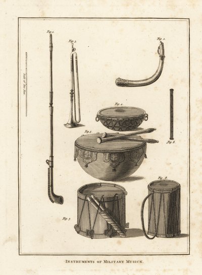 Military musical instruments: trumpet, horn, fife, kettle drum, side drum by Unbekannt