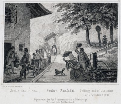 Salt Mine: The Exit of Tourists from the Mine on a Wooden Vehicle Pulled on Rails, Durrnberg, Austria, c.1850 by Unbekannt