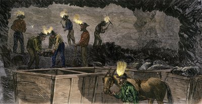 Miners Digging the Mine and Loading the Coal into Small Cars Fired by Mules in Pennsylvania, Coloured Engraving from 1860 by Unbekannter Künstler