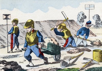 Minors. Engraving in "Alphabet militaire enfantin". Imagery of Pont-a-Mousson, circa 1890 by Unbekannt