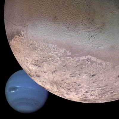 Montage of Neptune and its moon Triton by Unbekannt