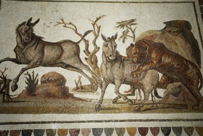 Mosaic of Animal Fighting: Tiger Assaulting Two Night-Primagres by Unbekannt