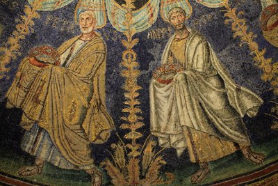 Mosaic of the ceiling of the Baptistery of Neon. Detail of the procession of the twelve apostles proceeding around the center mosaic in two directions, ending with Saint Peter meeting Saint Paul. 5th Century, Ravenna, Italy. UNESCO by Unbekannt