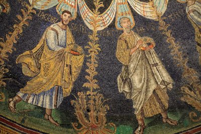Mosaic of the ceiling of the Baptistery of Neon. Detail of the procession of the twelve apostles proceeding around the center mosaic in two directions, ending with Saint Peter meeting Saint Paul. 5th Century, Ravenna, Italy. UNESCO by Unbekannt