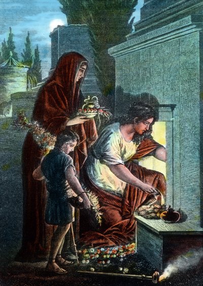 Mourners making sacrifices at the tomb of their beloved dead at the catacomb area at Rome, Italy by Unbekannter Künstler