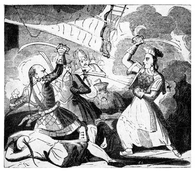 Mrs Ching wielding a sword (engraving) by Unbekannter Künstler