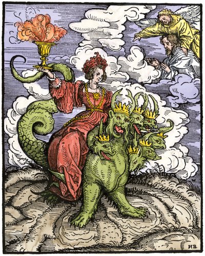 The Great Prostitute of Babylon riding the dragon with 7 heads (Colourful engraving from the New Testament) by Unbekannter Künstler