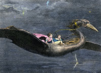 Myths and legends: The Rokh or Roc (giant bird of Arab-Persian mythology. It is found in passages of the Thousand and One Nights). Colouring engraving of the 19th century by Unbekannter Künstler