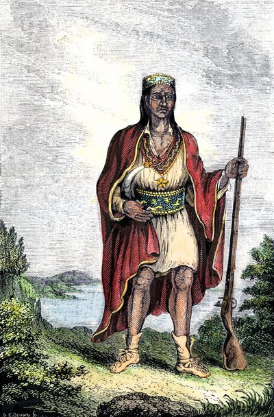 Native population of America: Indians of the United States. Metacomet (c. 1639-1676), also known as King Philip or Metacom, chief of the Wampanoag (Massachusetts, New England). Colour engraving by Unbekannter Künstler