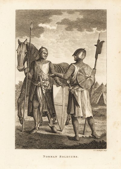 Norman Soldiers in Chainmail and Plate Armour with Shield, Lance, Halberd, in Front of Military Campaign Tents by Unbekannt
