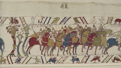 Norman soldiers leaving Hastings to do battle with Harold, Bayeux Tapestry (wool embroidery on linen) by Unbekannt