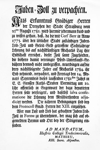 Notification by the Strasbourg Governing Body of the Thirteen (Tredecim Viri) of a public auction of the right to levy the 