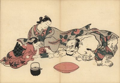 Oiran courtesan watching a trial of strength between her kamuro and Kinpira the famous strong man. Woodblock print by Masanobu Okumura from Fuzoku Emakimono, Picture Scroll of the Water Trade by Unbekannter Künstler