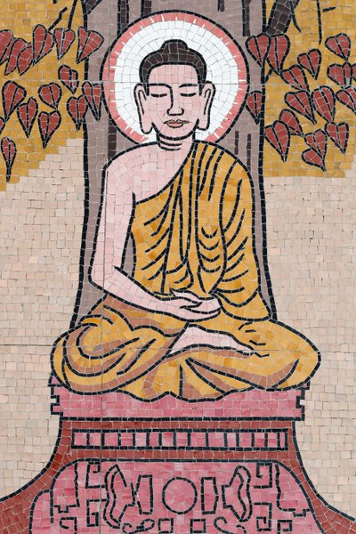 Ong Nui Buddhist pagoda, Wall fresco, The life of the Buddha, Shakyamuni Buddha sitting in the meditation pose under the Bodhi tree, Quy Nhon, Vietnam, 2019 by Unbekannt