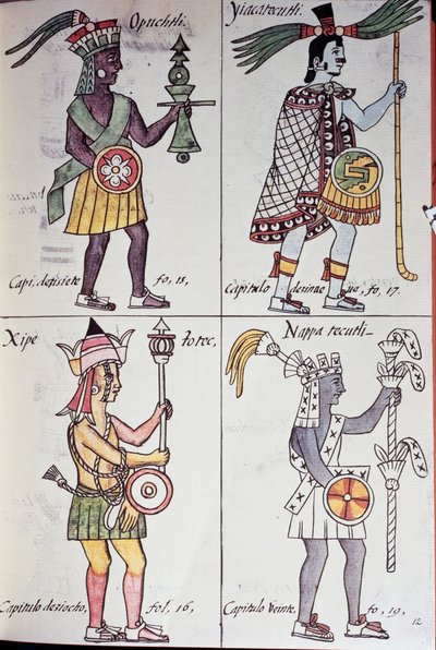 Opochtli, Xipe Totec, Yacatecuhtli and Nappatecutli, Page from Florentine Codex, Version in Spanish and Nahuatl, General History of the Things of New Spain (Historia general de las cosas de Nueva Espana), Aztec by Benjamin Baud