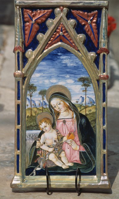 Painted ceramic tile depicting Madonna and Child by William M. Timlin