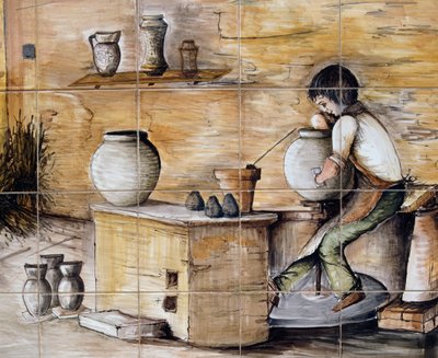 Painted maiolica panel depicting scene of pottery making, handcrafted by Ceramiche Desuir (detail) by William M. Timlin