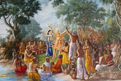Painting at Bhaktivedanta Manor Depicting Lord Caitanya, Lord Nityananda and Their Followers on the Banks of the River Ganges by Unbekannt